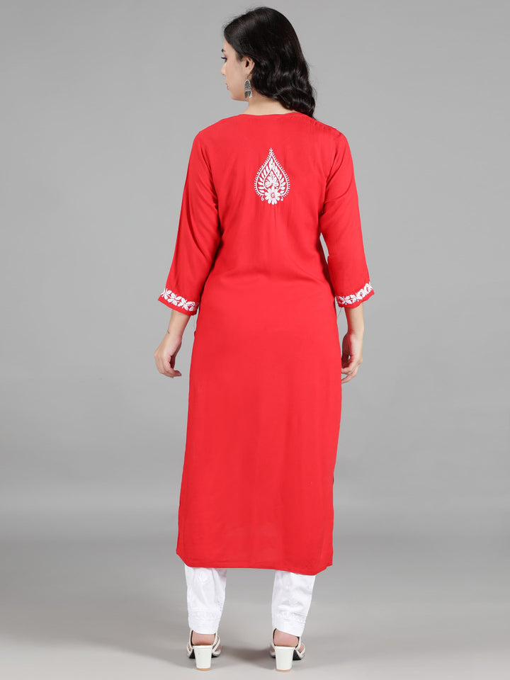 Neon Red Cotton Chikankari 2-Piece Kurta Set