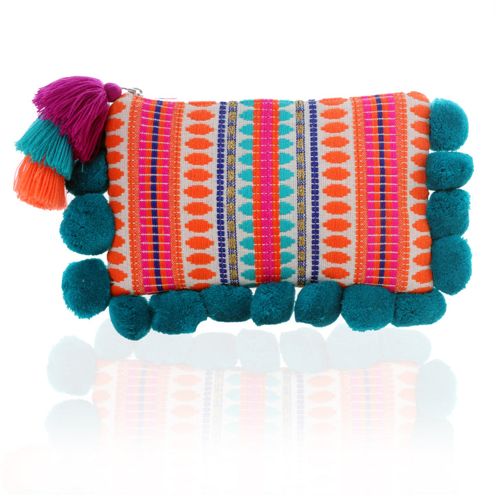 Off-Beat Orange & Turquoise Boho Clutch with Pompoms