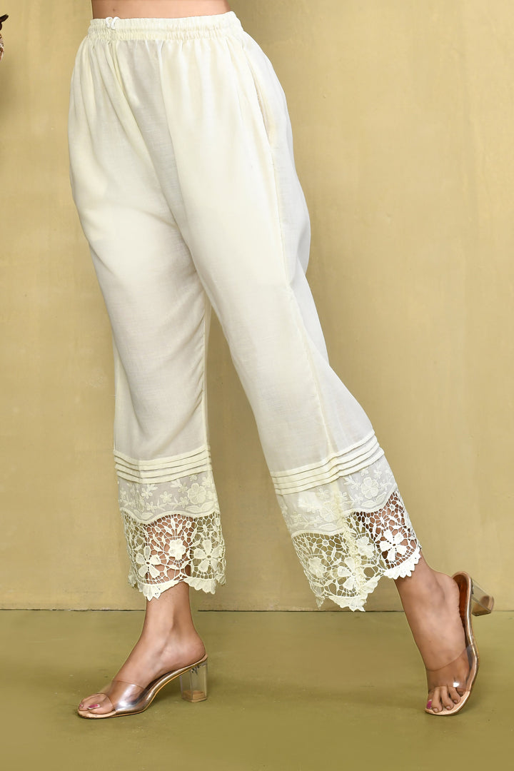 Off-White Straight Pant With Jaali Cutwork