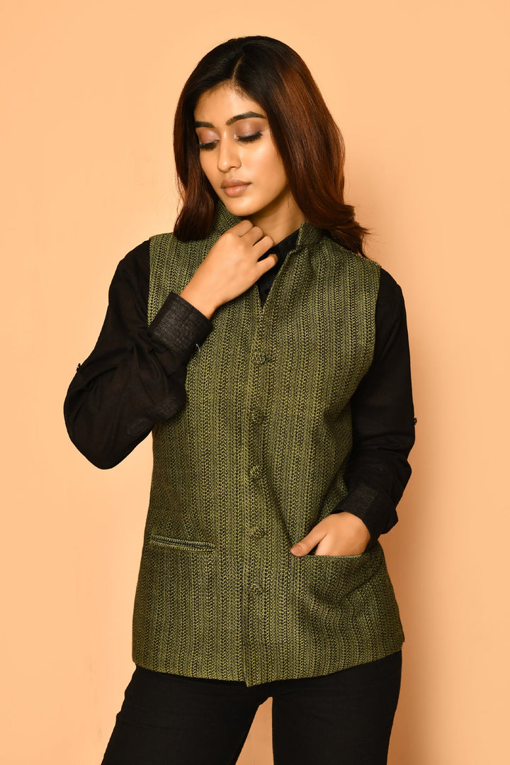 ZERESOUQ-Olive-Green-Handloom-Cotton-Nehru-Waist-Blazer