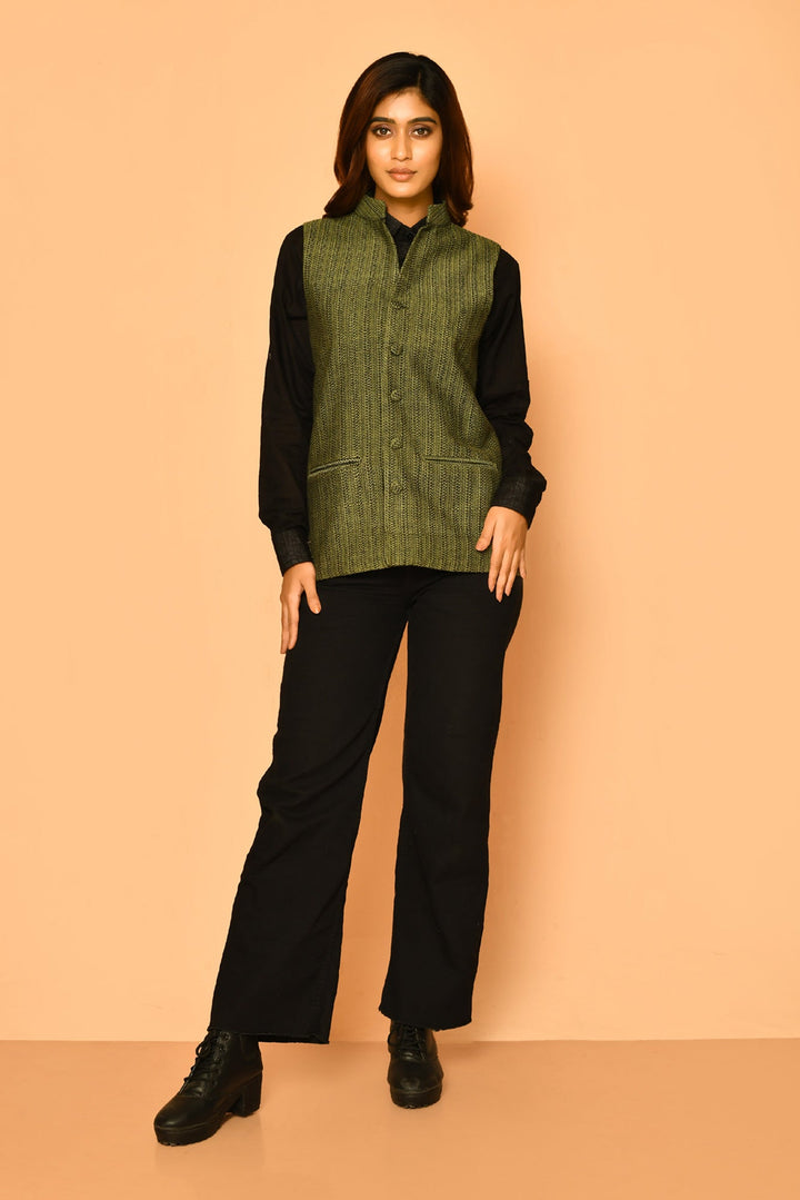 ZERESOUQ-Olive-Green-Handloom-Cotton-Nehru-Waist-Blazer