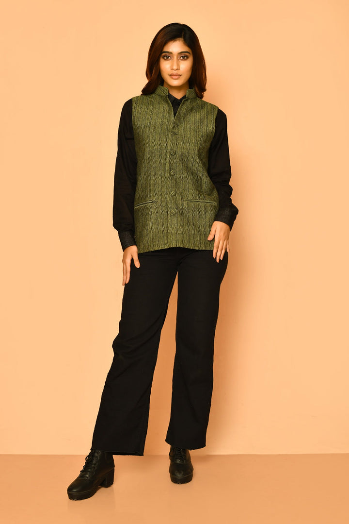 Olive Green Handloom Cotton Nehru Waist-Coat Jacket