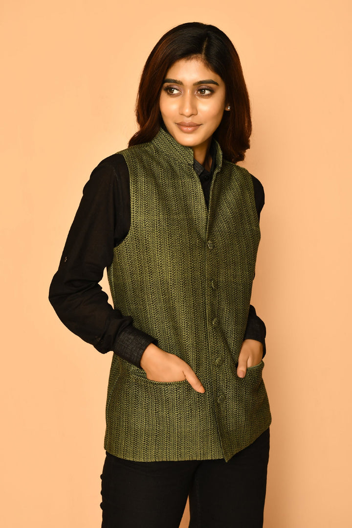 ZERESOUQ-Olive-Green-Handloom-Cotton-Nehru-Waist-Blazer