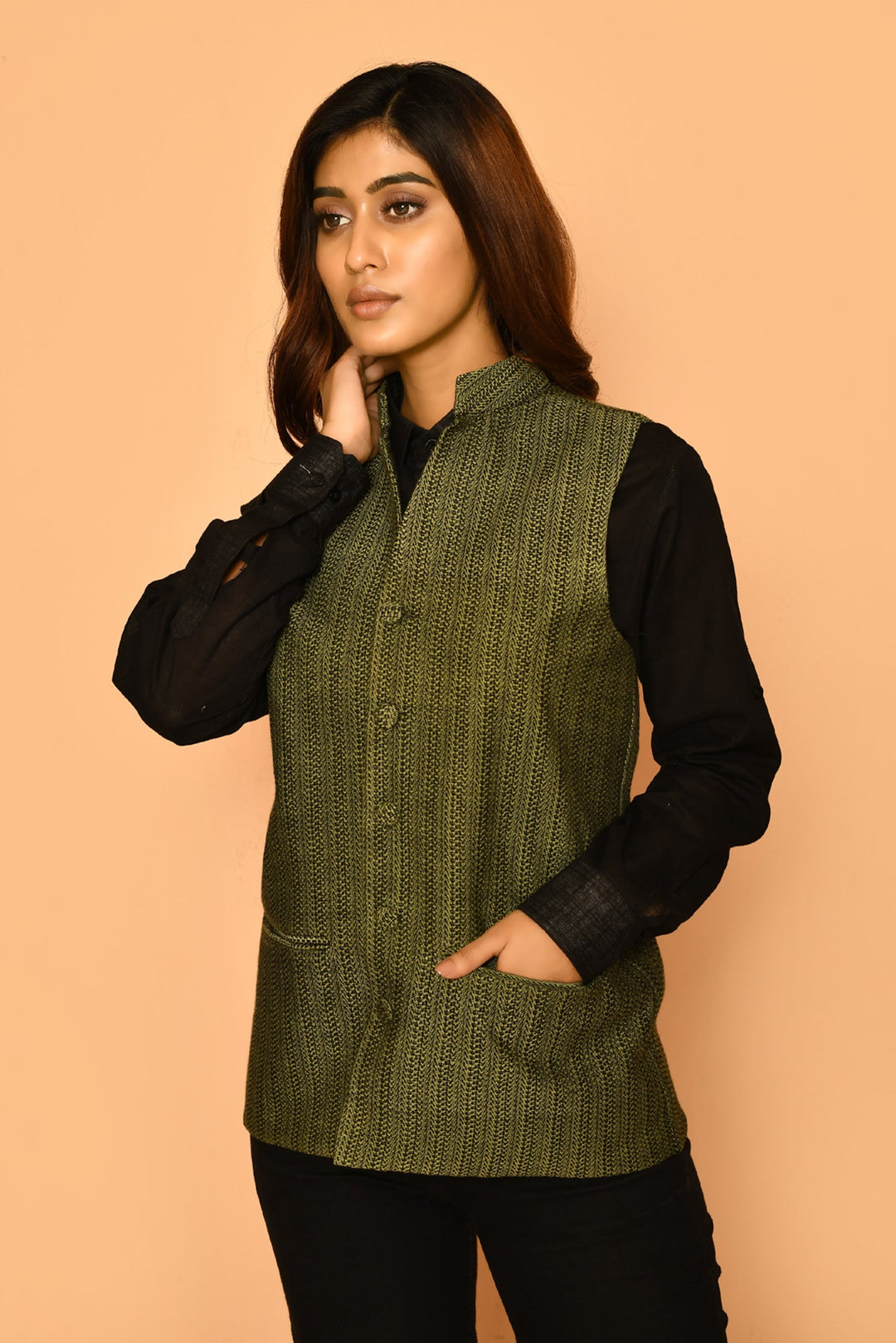 ZERESOUQ-Olive-Green-Handloom-Cotton-Nehru-Waist-Blazer