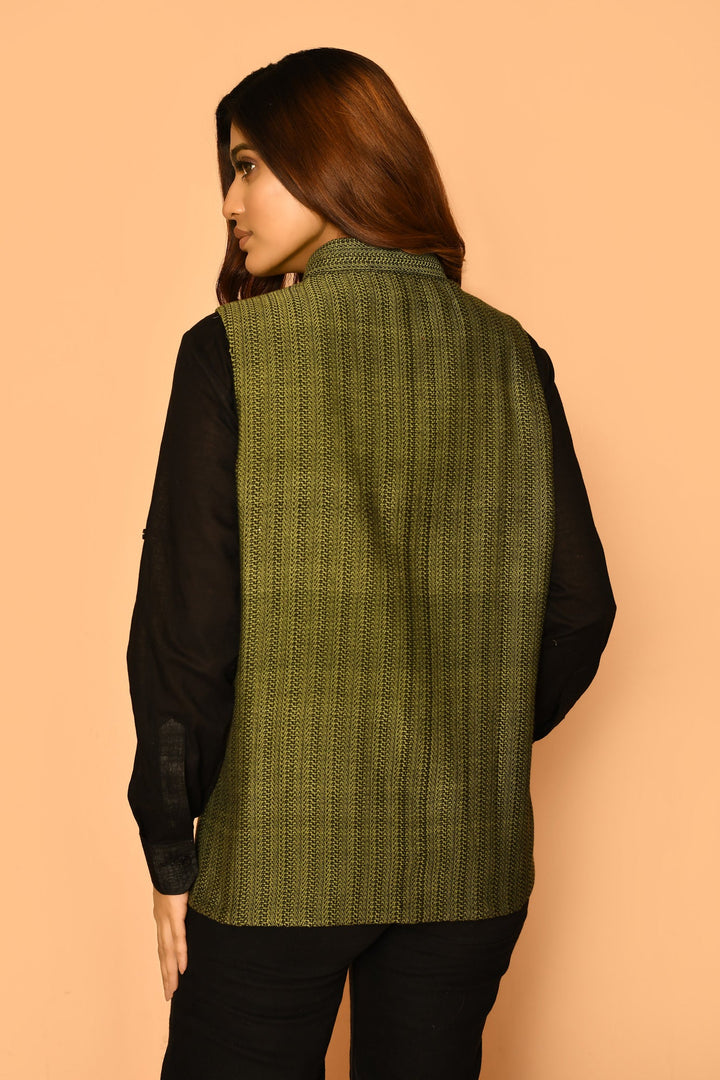 ZERESOUQ-Olive-Green-Handloom-Cotton-Nehru-Waist-Blazer