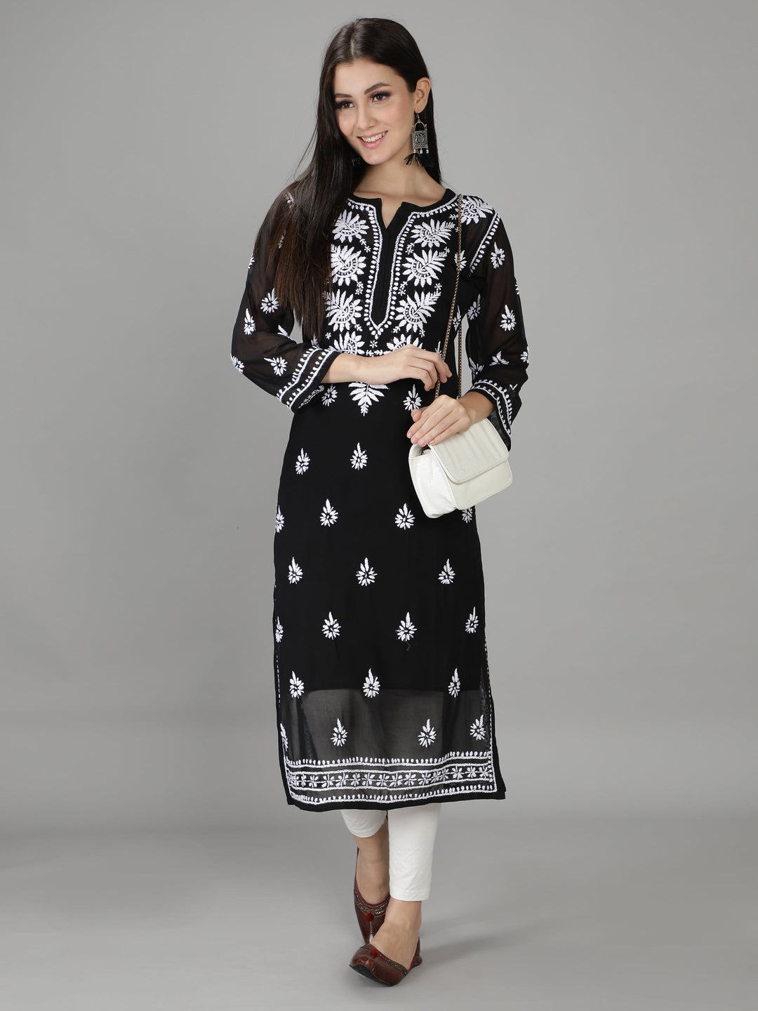 Onyx Black Georgette Chikan Kurta with Slip