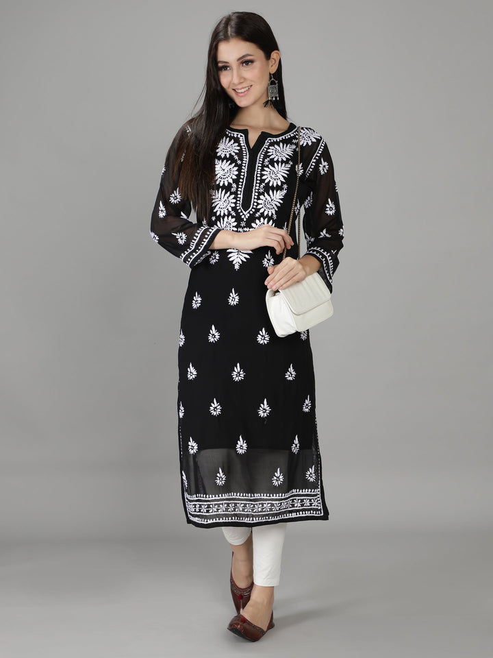 Onyx Black Georgette Chikan Kurta with Slip
