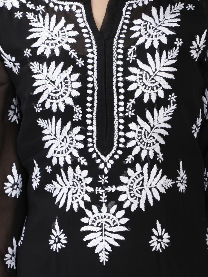 Onyx Black Georgette Chikan Kurta with Slip