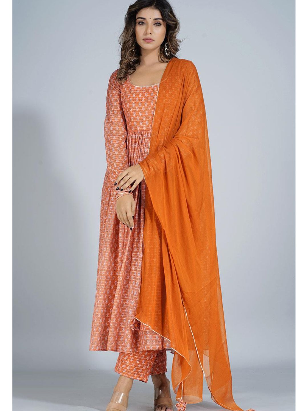 Orange Georgette Round Neck Long Kurta Set