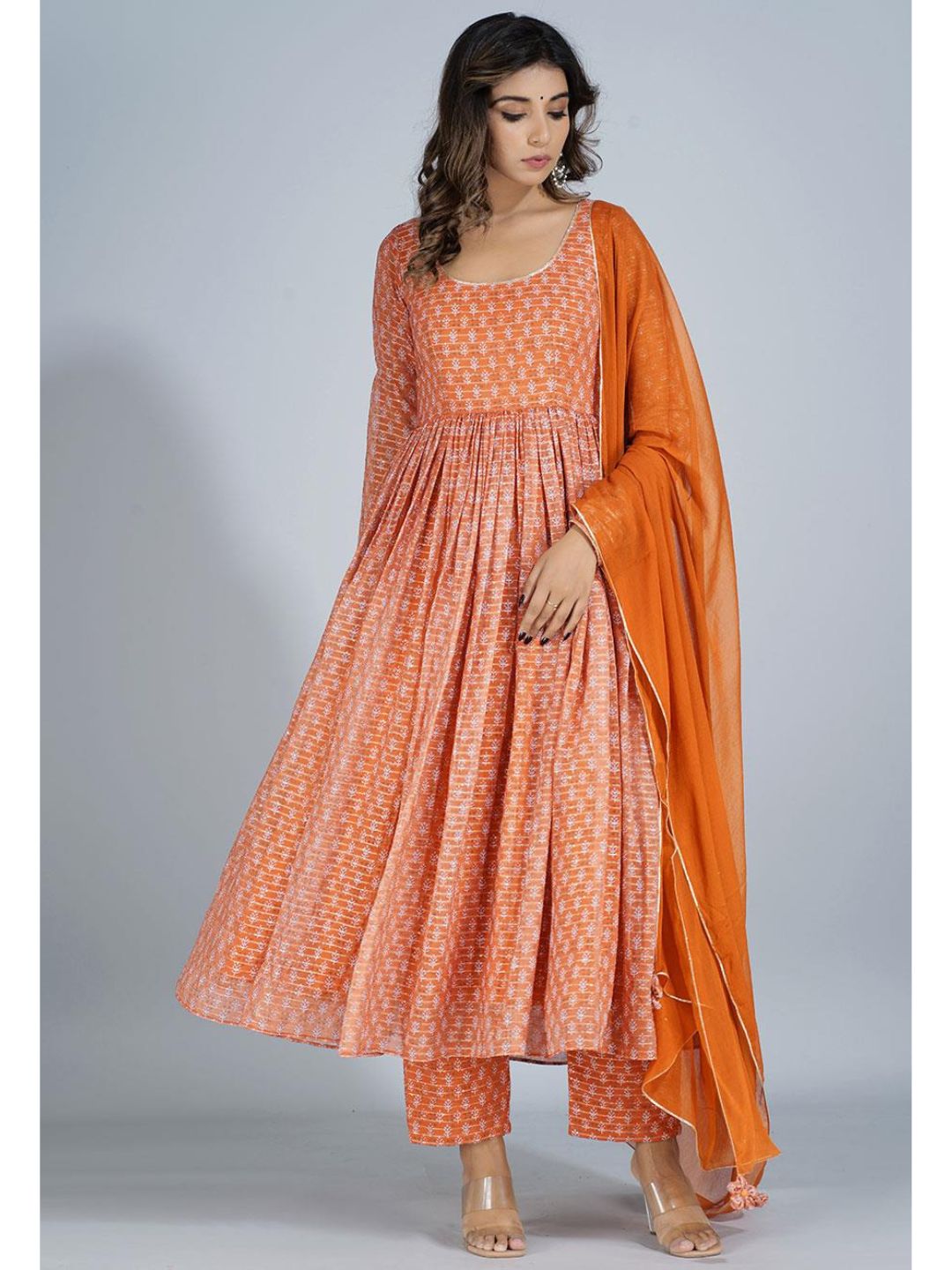 Orange Georgette Round Neck Long Kurta Set