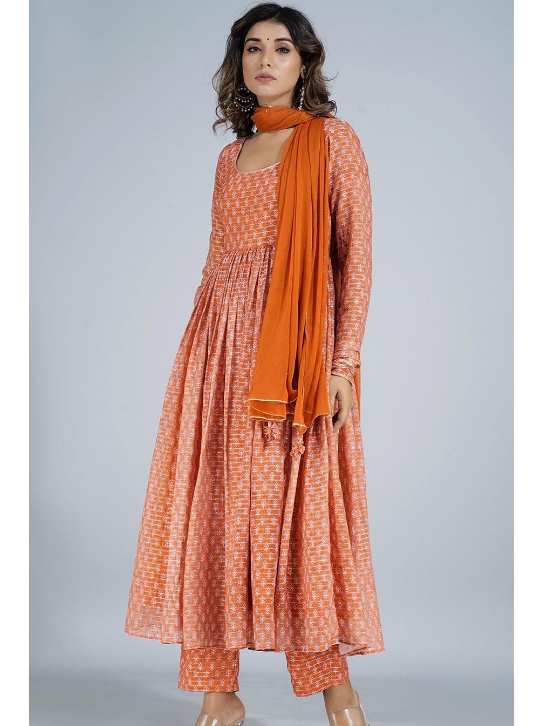 Orange Georgette Round Neck Long Kurta Set