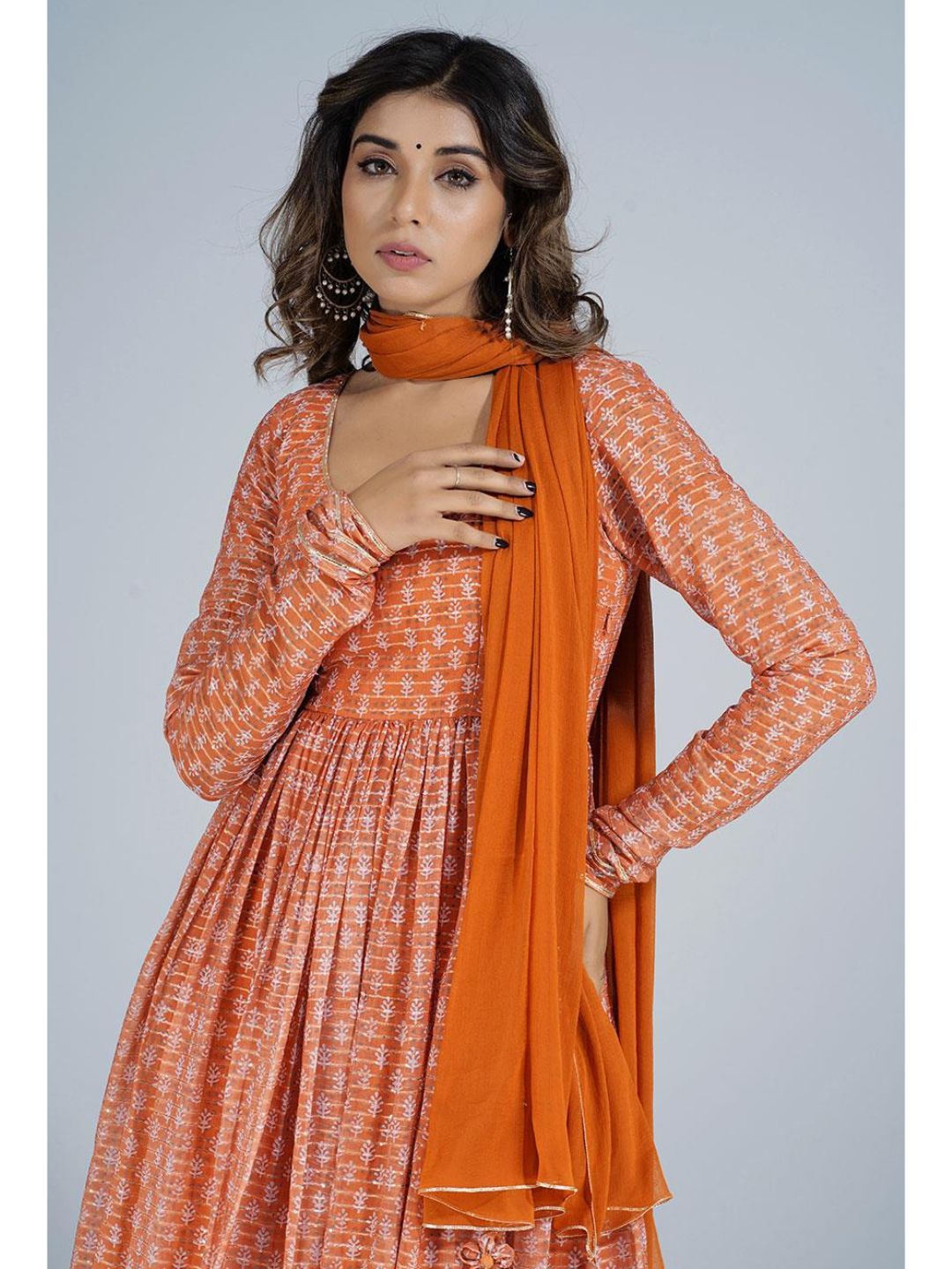 Orange Georgette Round Neck Long Kurta Set