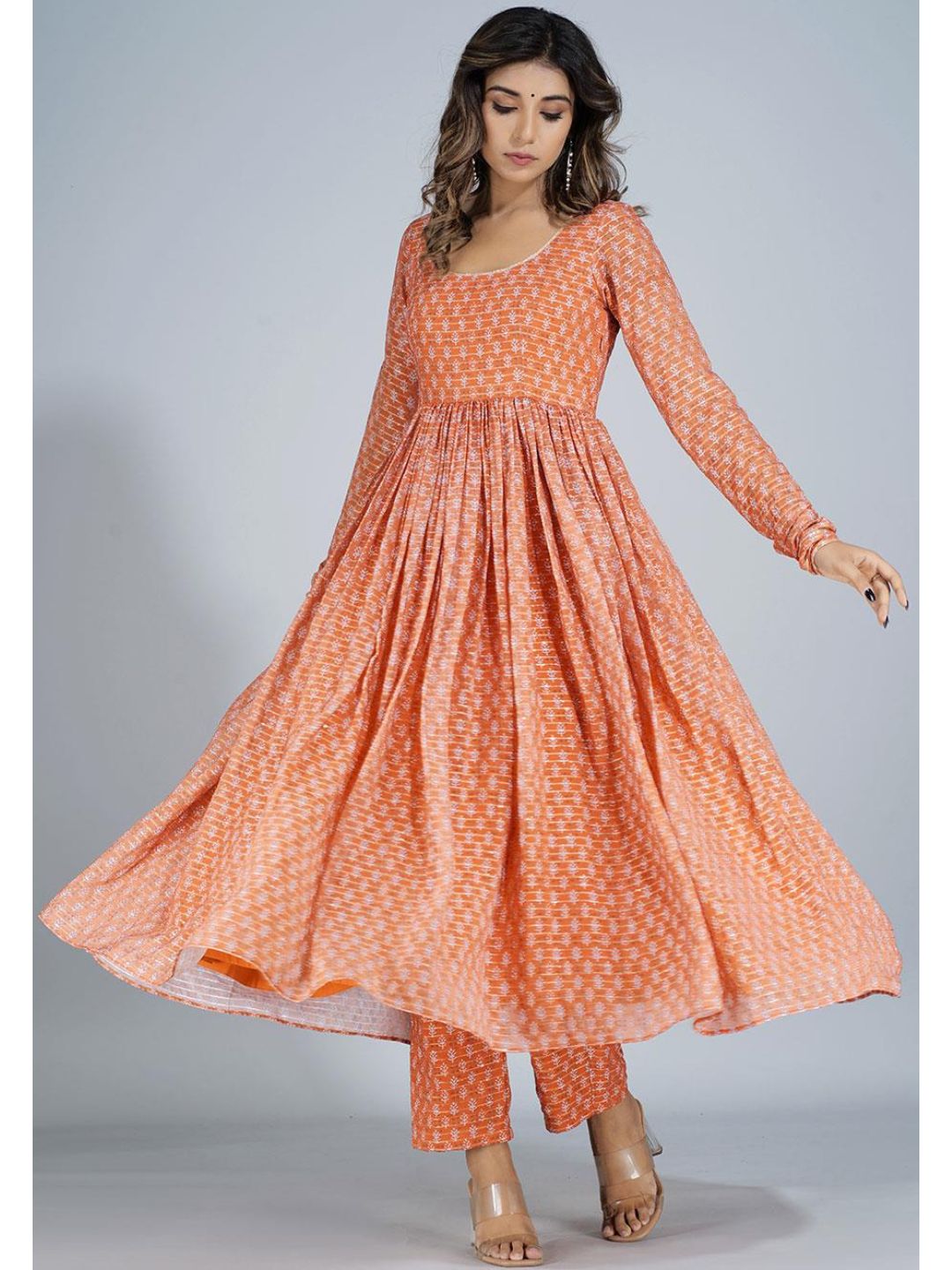Orange Georgette Round Neck Long Kurta Set