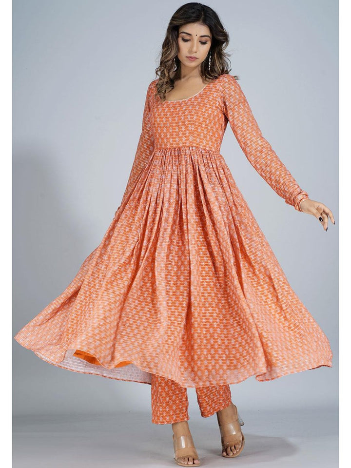 Orange Georgette Round Neck Long Kurta Set