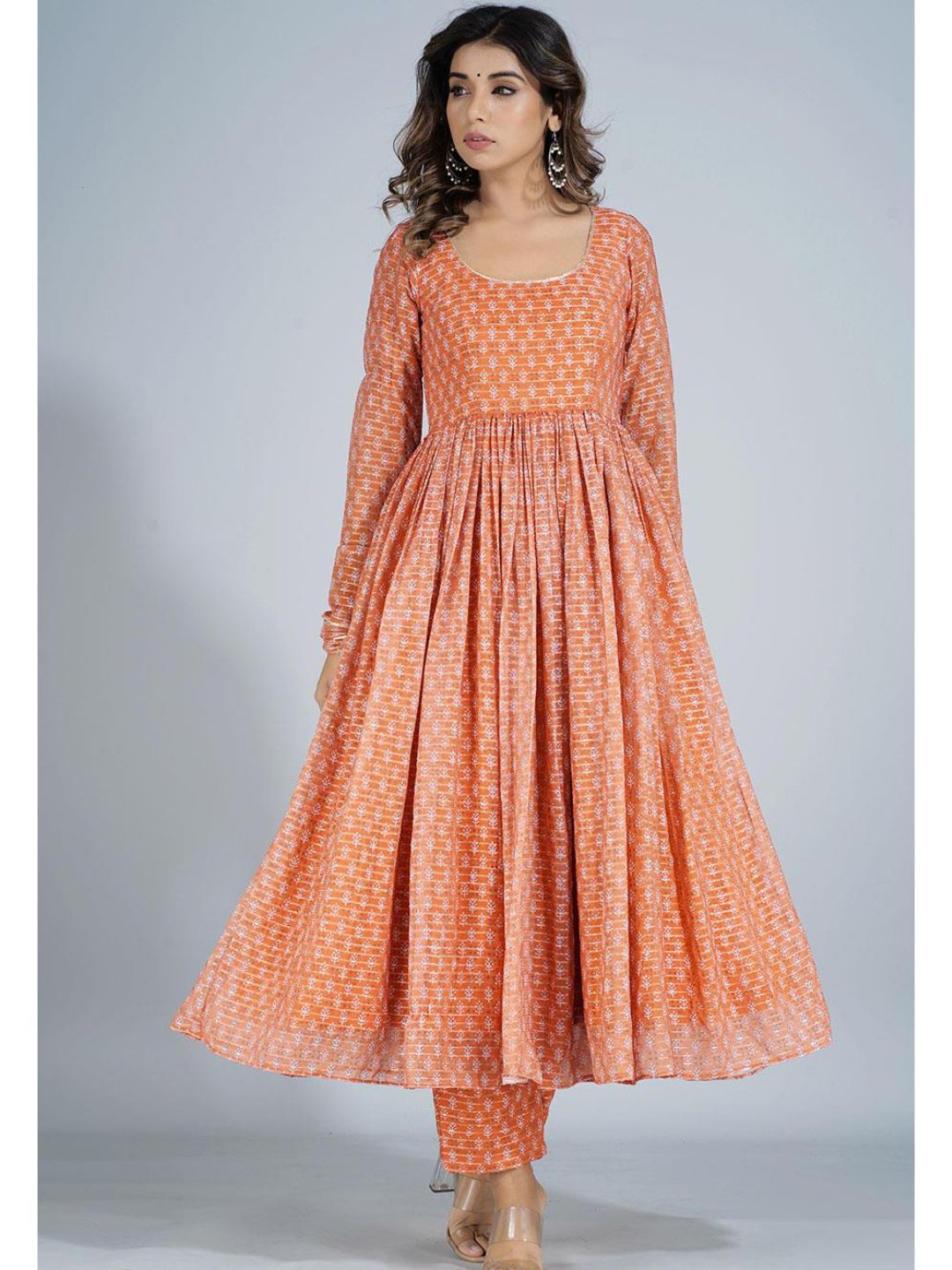 Orange Georgette Round Neck Long Kurta Set