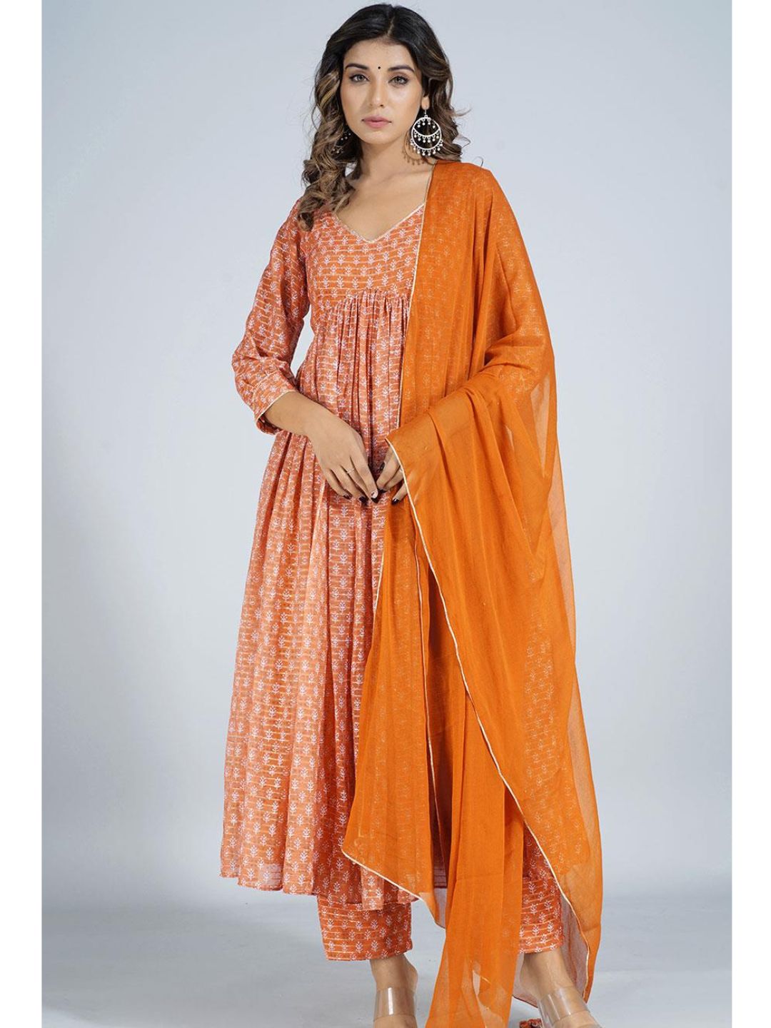 Orange Georgette V Neck Long Kurta Set