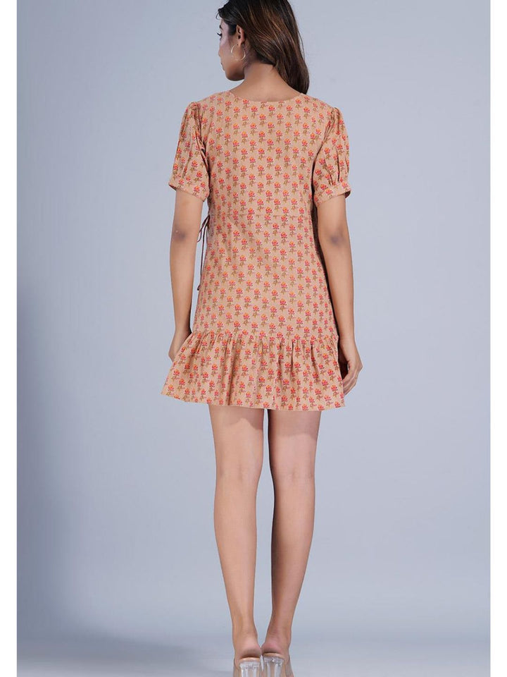 Orange Printed Short Wrap Dress with Tier Hem