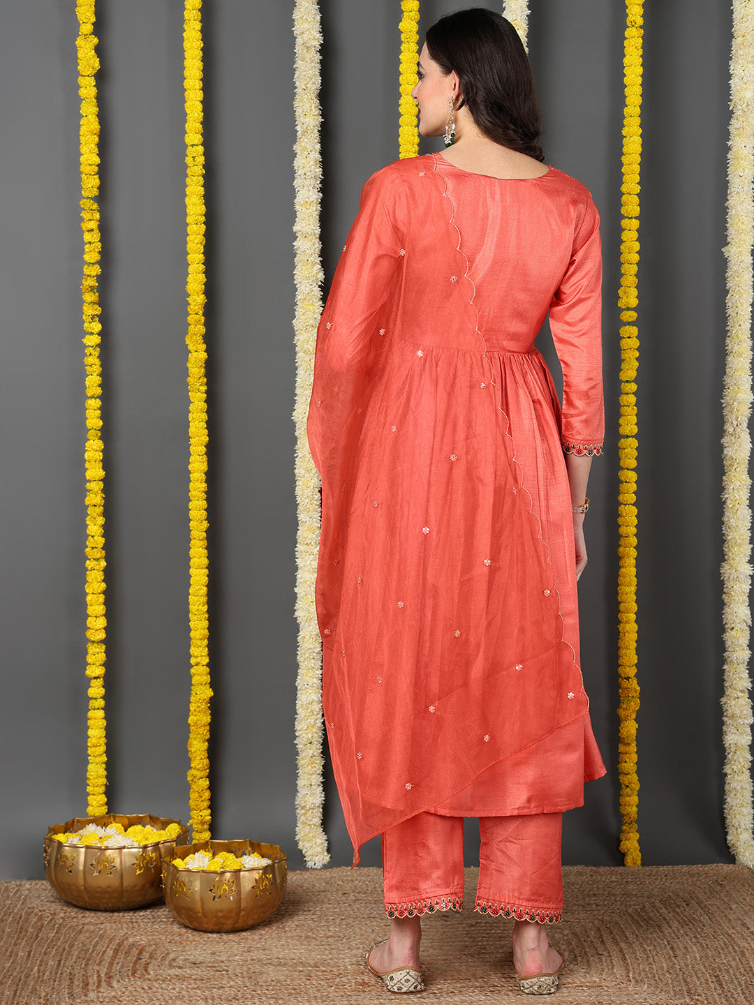 ZERESOUQ-Orange-Silk-Blend-Solid-Embroidered-Flared-Kurta-Trouser-With-Dupatta