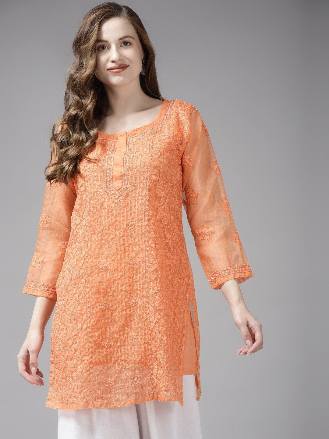 Orange-Lucknowi-Chikankari-Kurti-With-Slip
