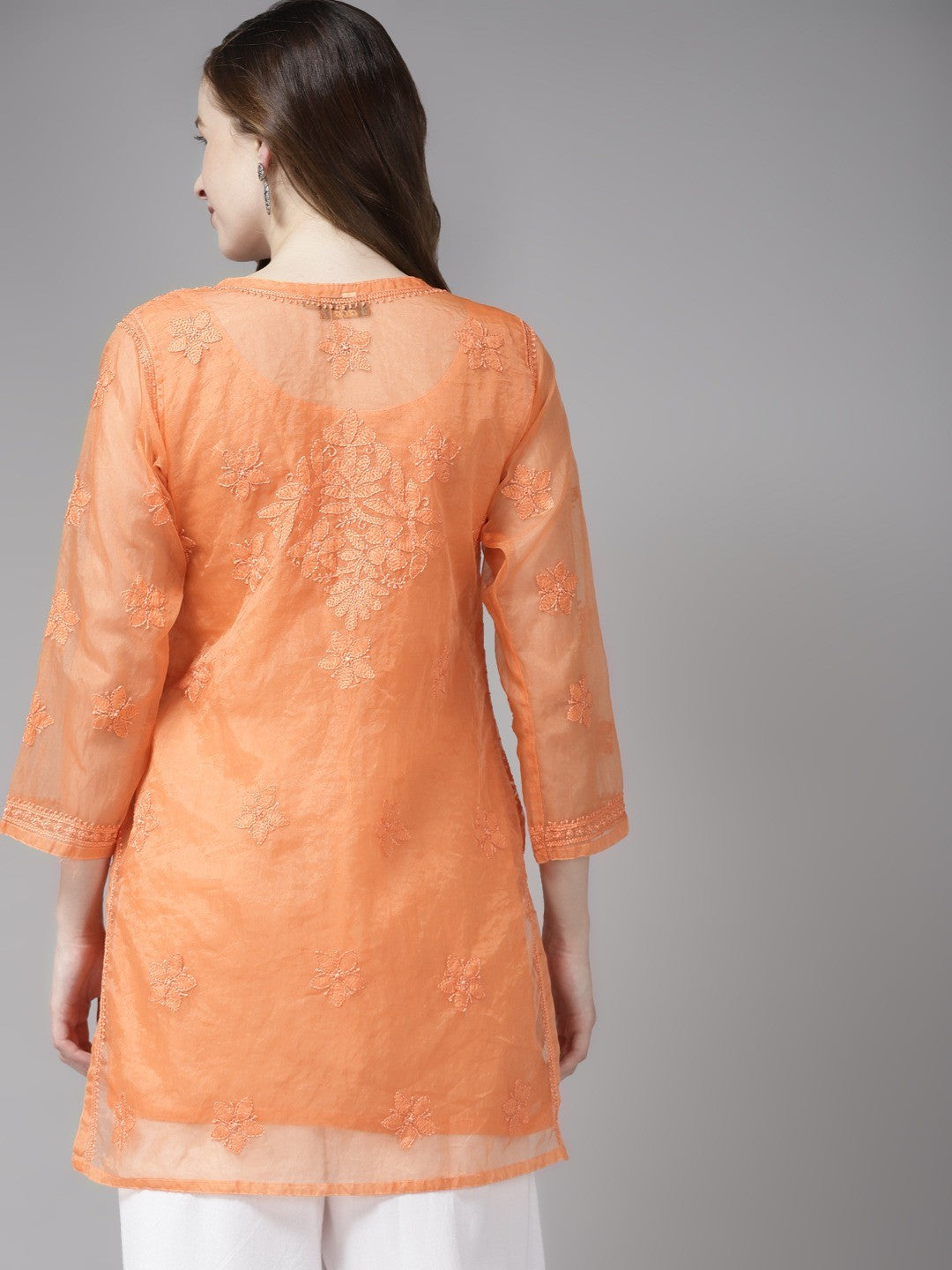 Orange-Lucknowi-Chikankari-Kurti-With-Slip