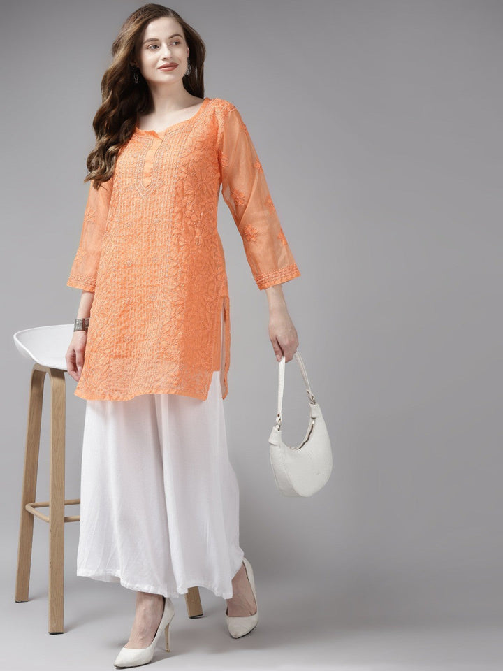 Orange-Lucknowi-Chikankari-Kurti-With-Slip