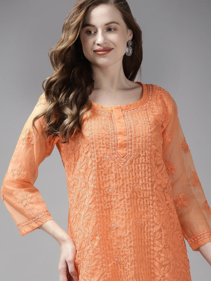 Orange-Lucknowi-Chikankari-Kurti-With-Slip