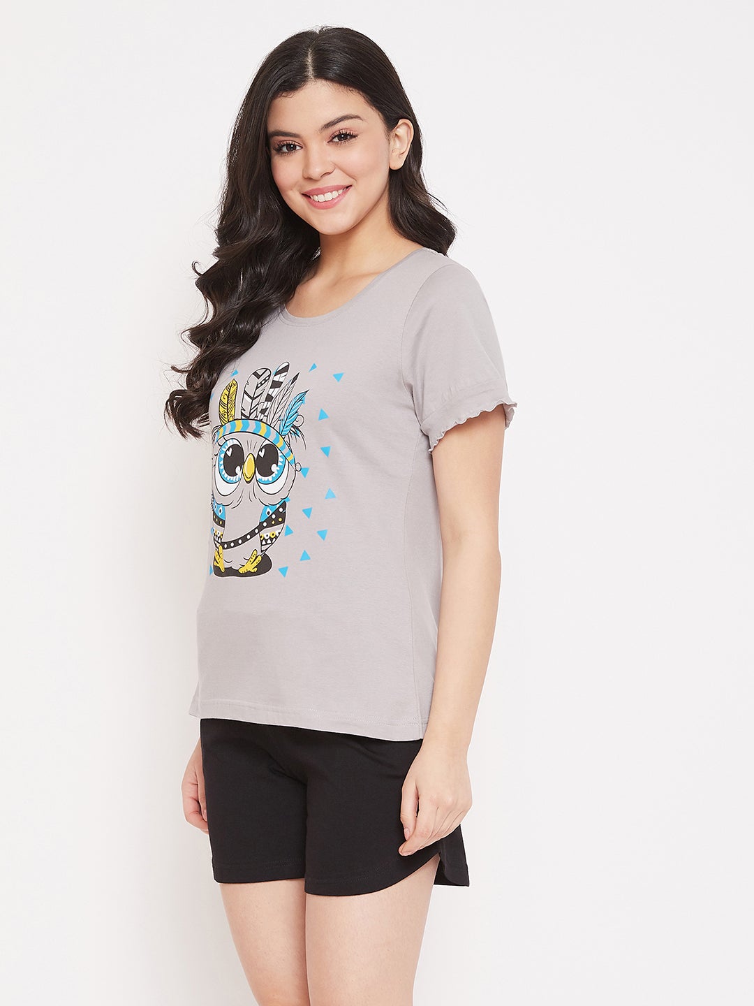 Owl Print Top & Shorts In Grey & Black