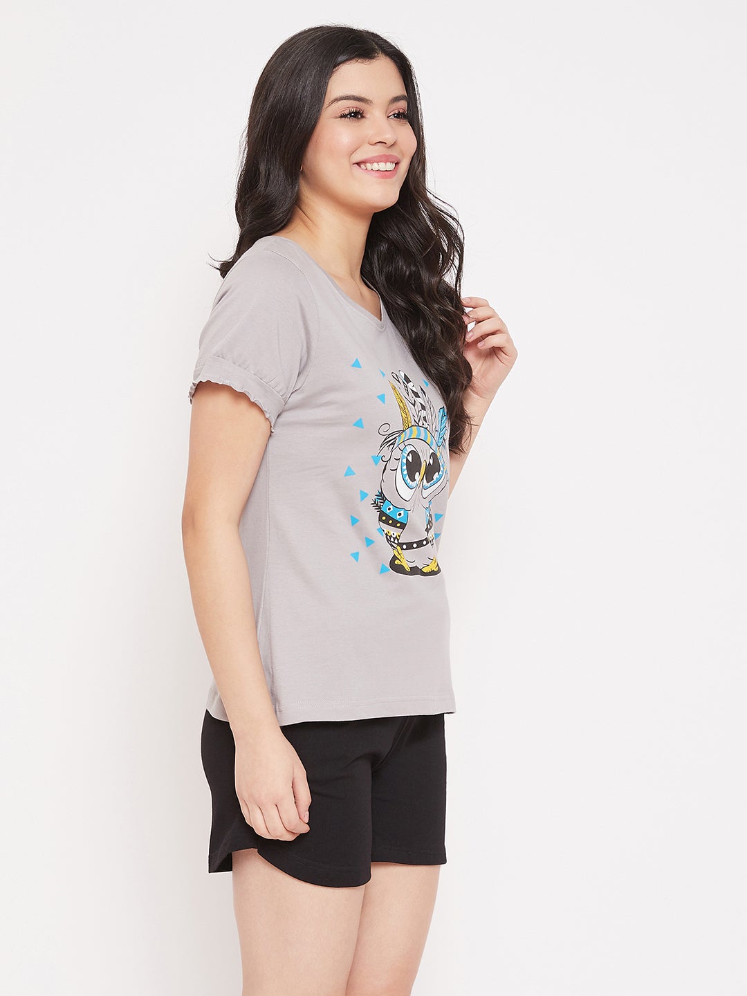 Owl Print Top & Shorts In Grey & Black
