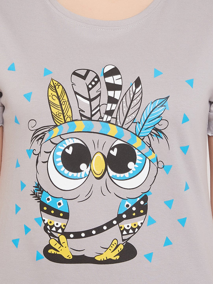Owl Print Top & Shorts In Grey & Black