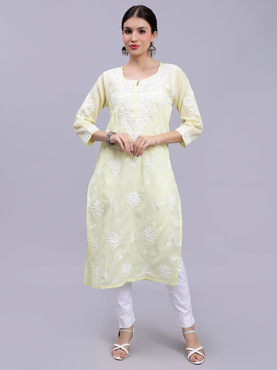 Pale Lemon Terivoil Cotton Handwoven Chikankari Kurti