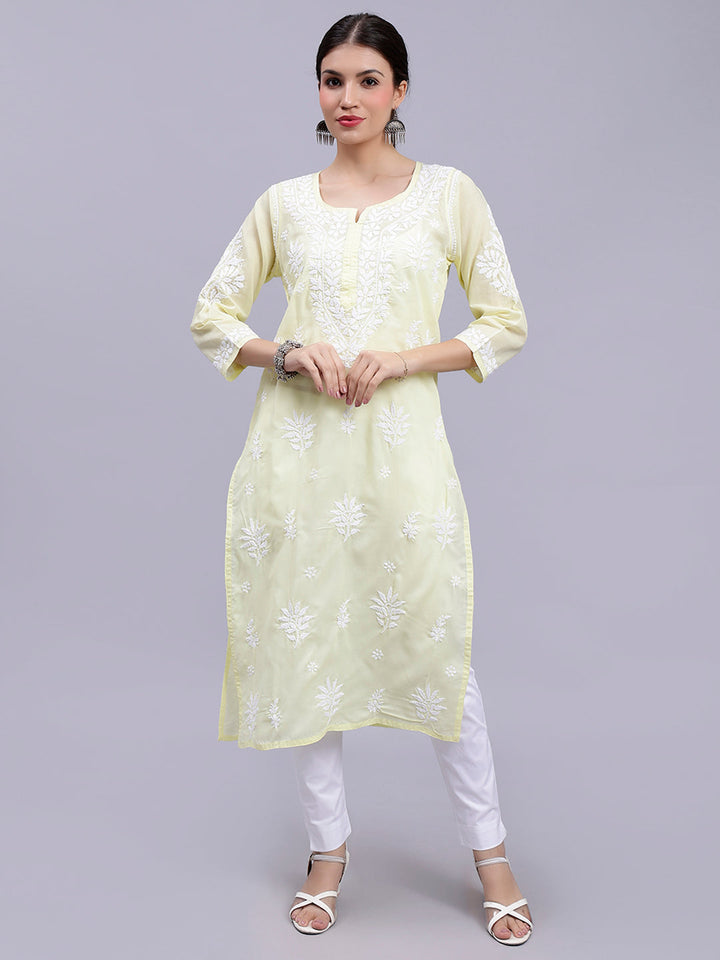 Pale Lemon Terivoil Cotton Handwoven Chikankari Kurti