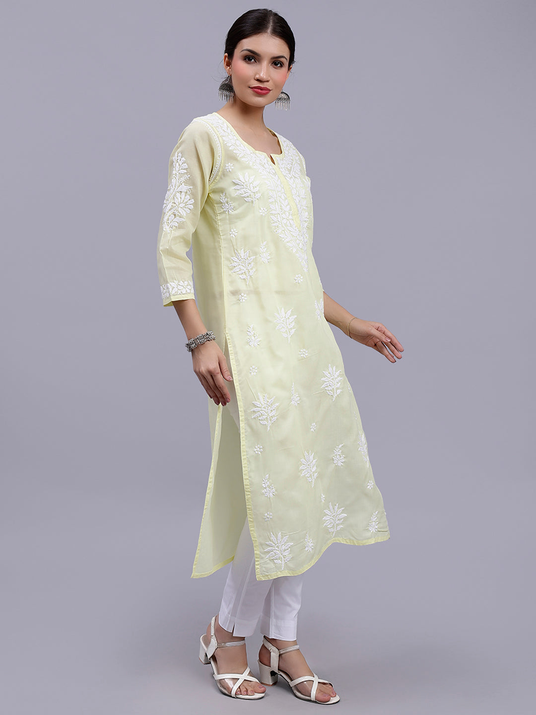 Pale Lemon Terivoil Cotton Handwoven Chikankari Kurti