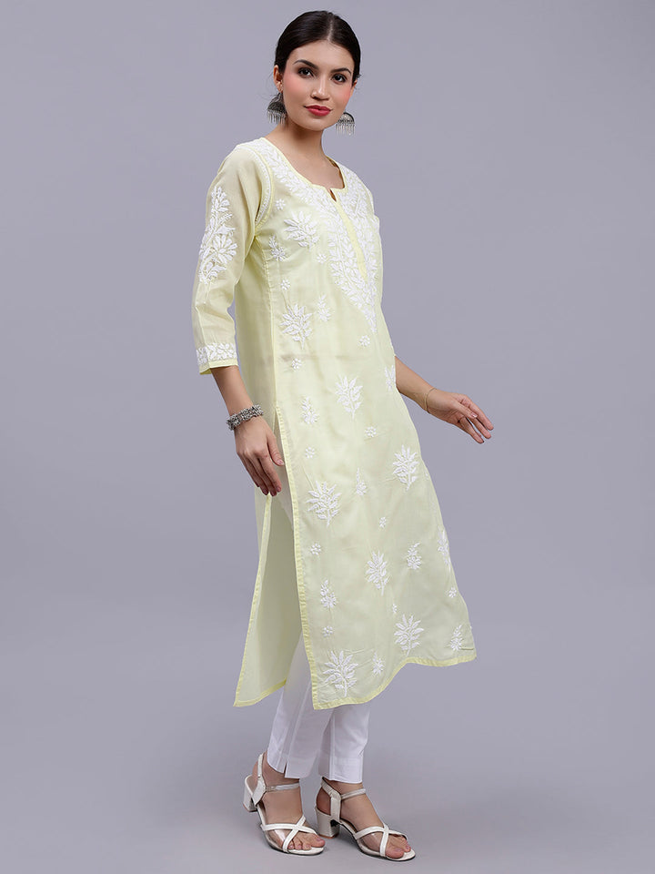 Pale Lemon Terivoil Cotton Handwoven Chikankari Kurti