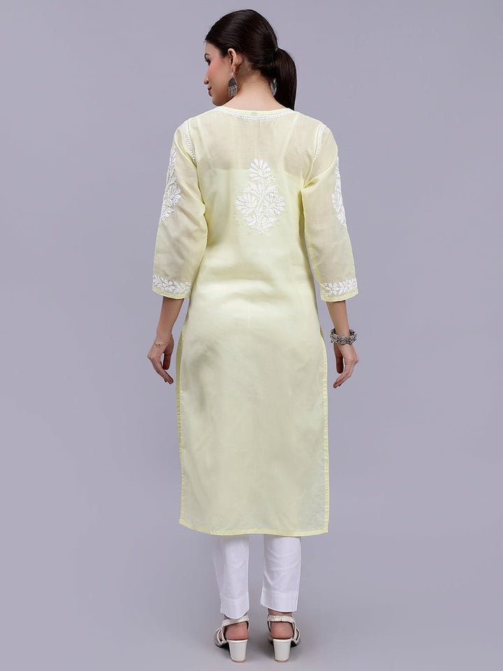 Pale Lemon Terivoil Cotton Handwoven Chikankari Kurti