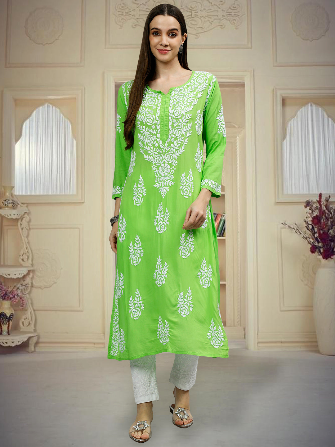 Parrot Green Modal Embroidered Chikankari Kurti - ZERESOUQ.COM Parrot Green Modal Embroidered Chikankari Kurti - ZERESOUQ.COM
