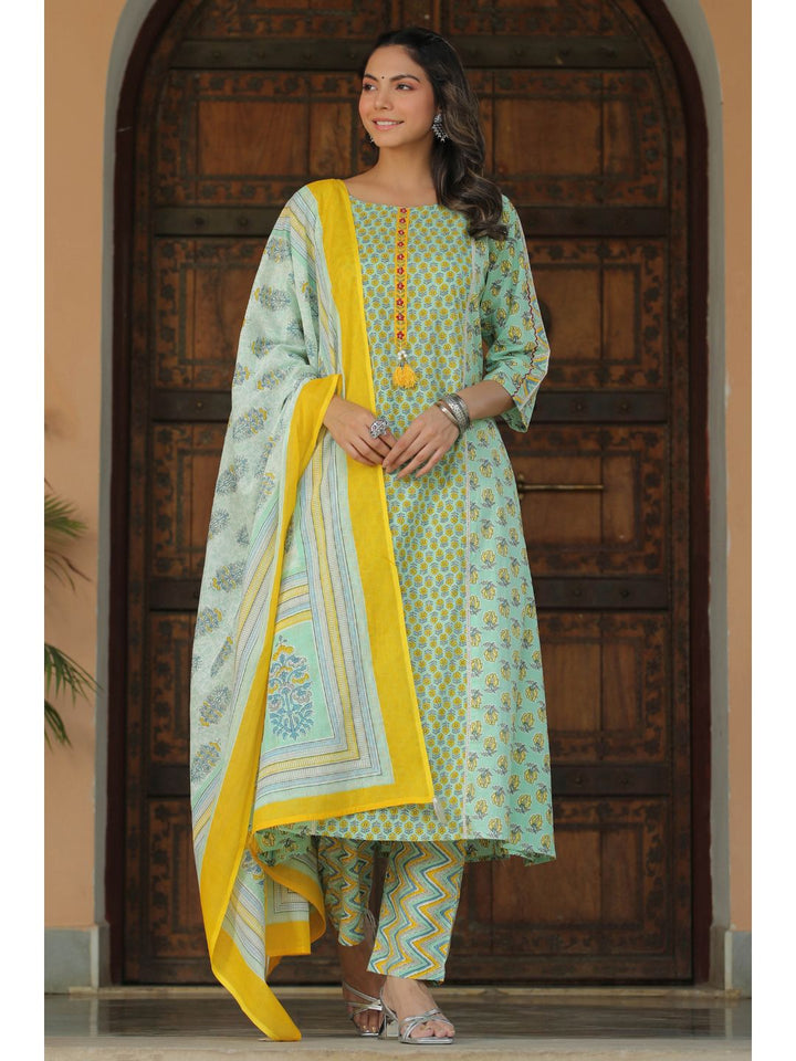 Pastel Green & Yellow Floral Printed Suit Set