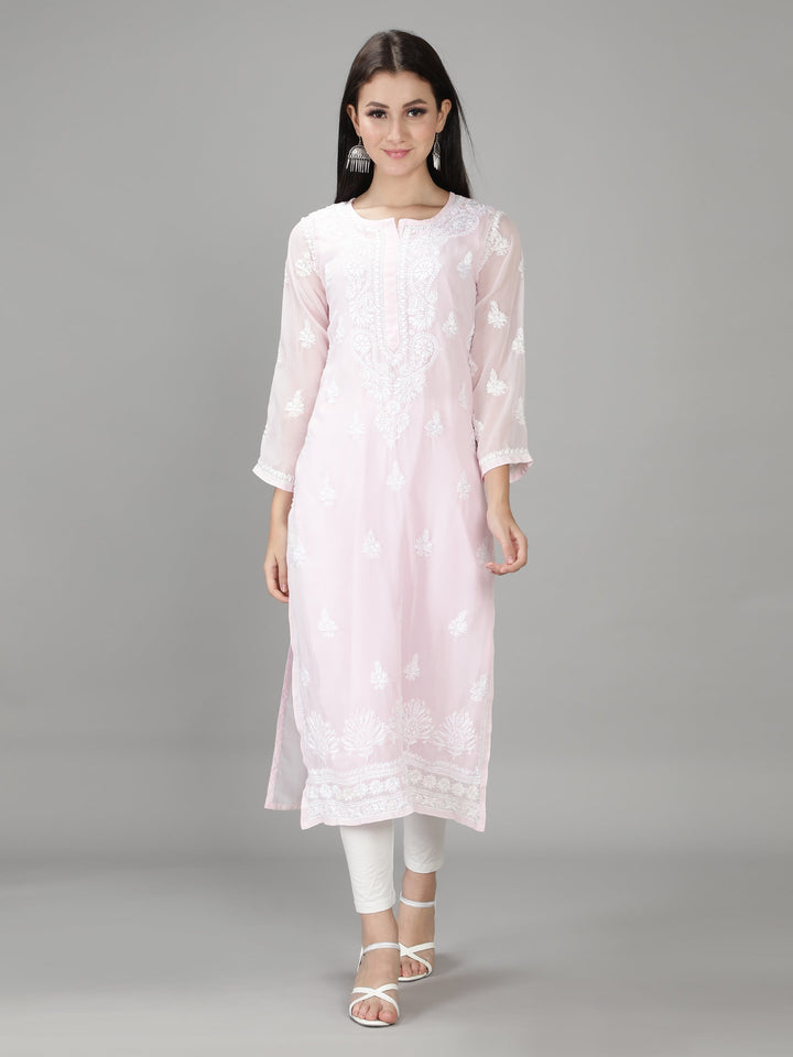 Pastel Pink Georgette Chikan Kurta with Slip