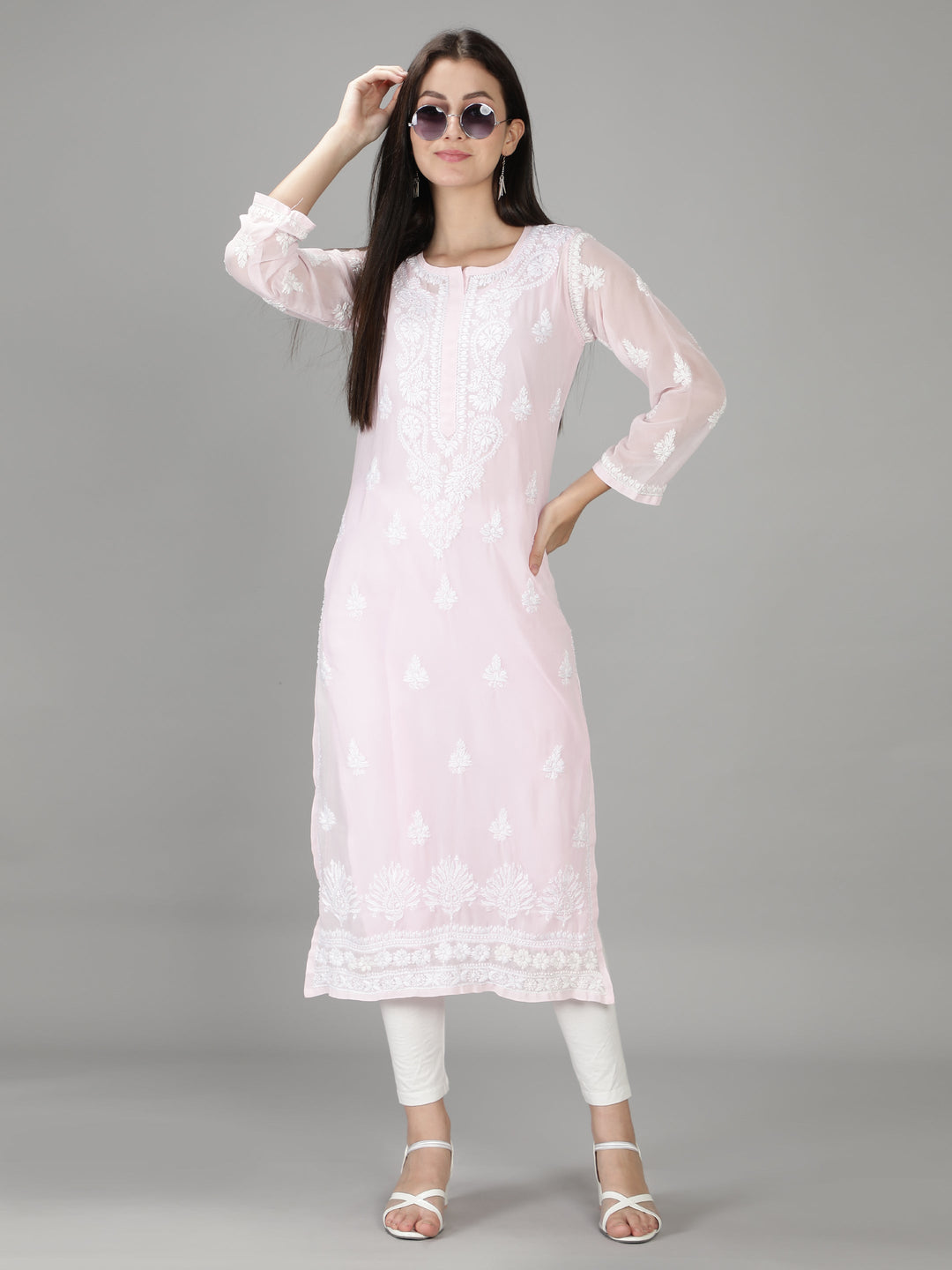 Pastel Pink Georgette Chikan Kurta with Slip