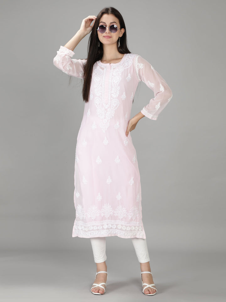 Pastel Pink Georgette Chikan Kurta with Slip