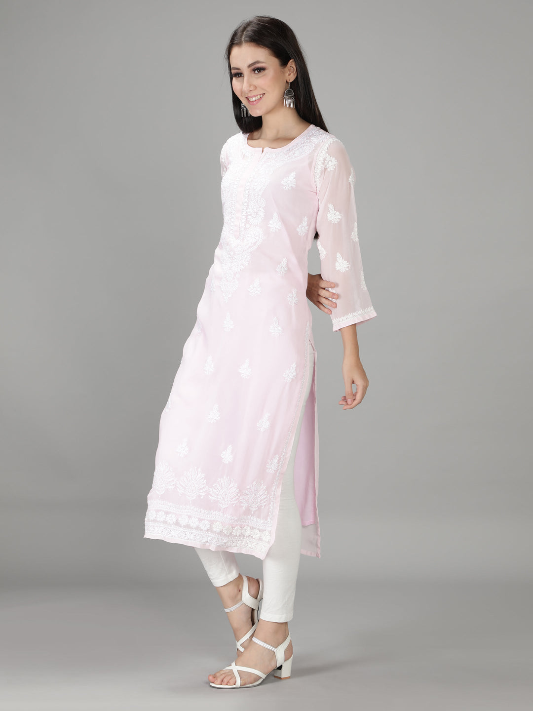Pastel Pink Georgette Chikan Kurta with Slip