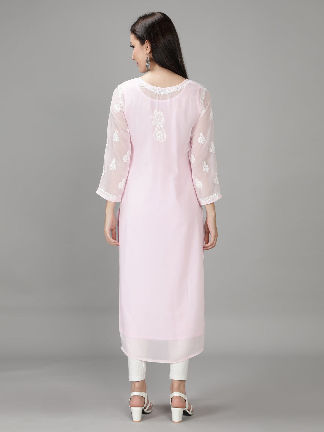 Pastel Pink Georgette Chikan Kurta with Slip