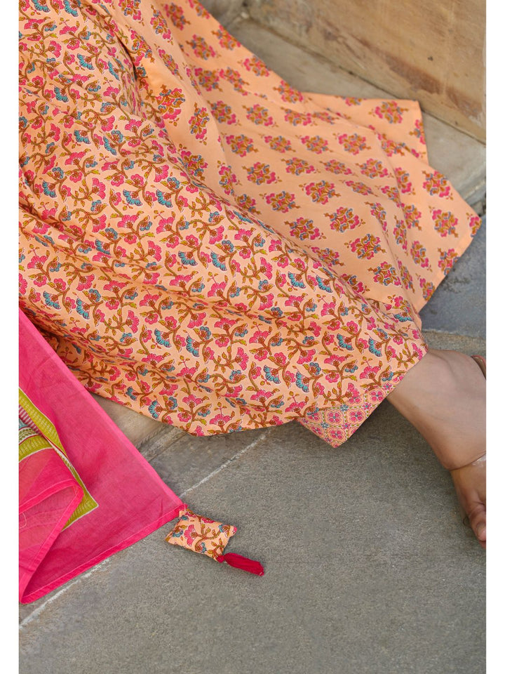 Peach Blossom Printed Cotton Kurta Suit Set