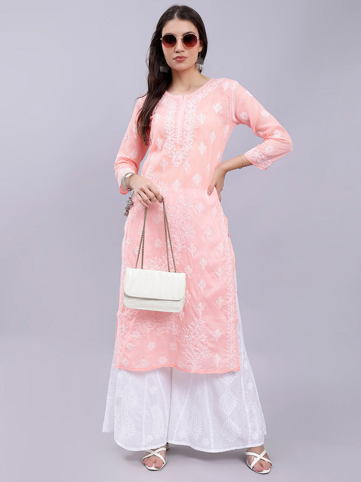 Peach Cotton Lucknowi Chikankari Embroidered Kurti