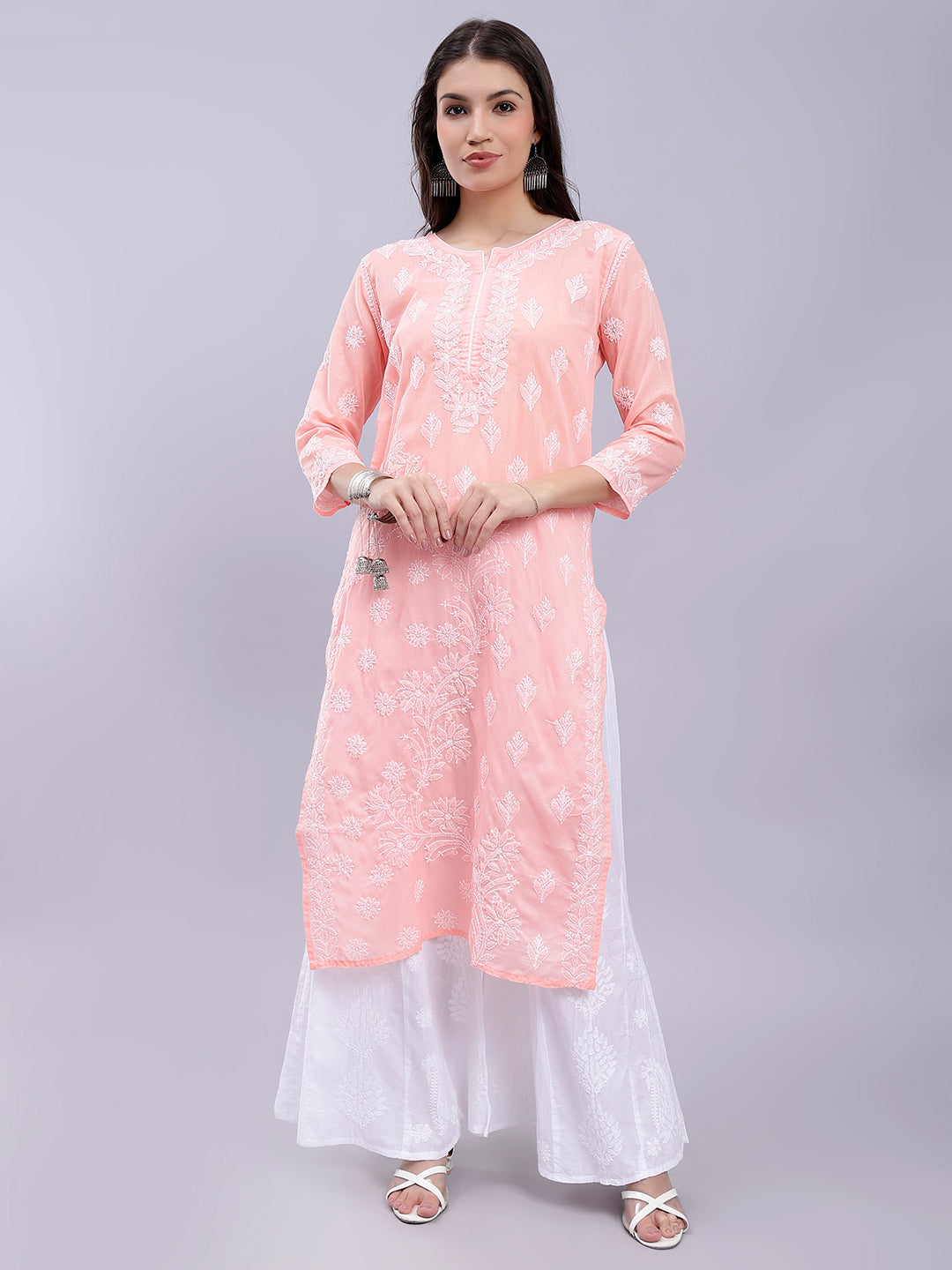 Peach Cotton Lucknowi Chikankari Embroidered Kurti
