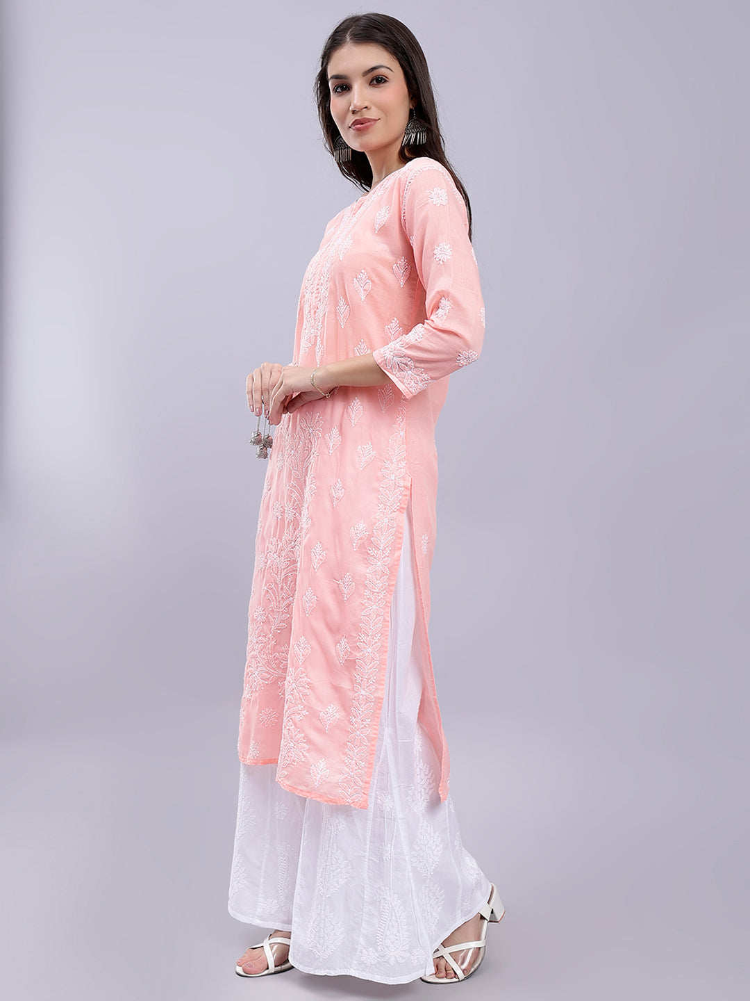 Peach Cotton Lucknowi Chikankari Embroidered Kurti
