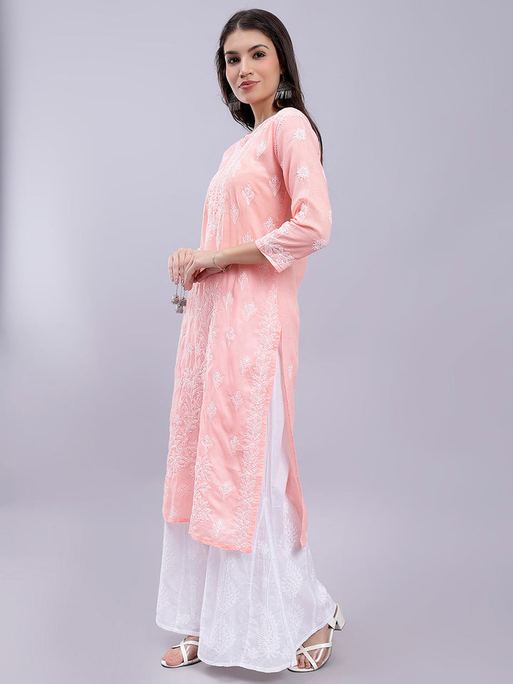 Peach Cotton Lucknowi Chikankari Embroidered Kurti