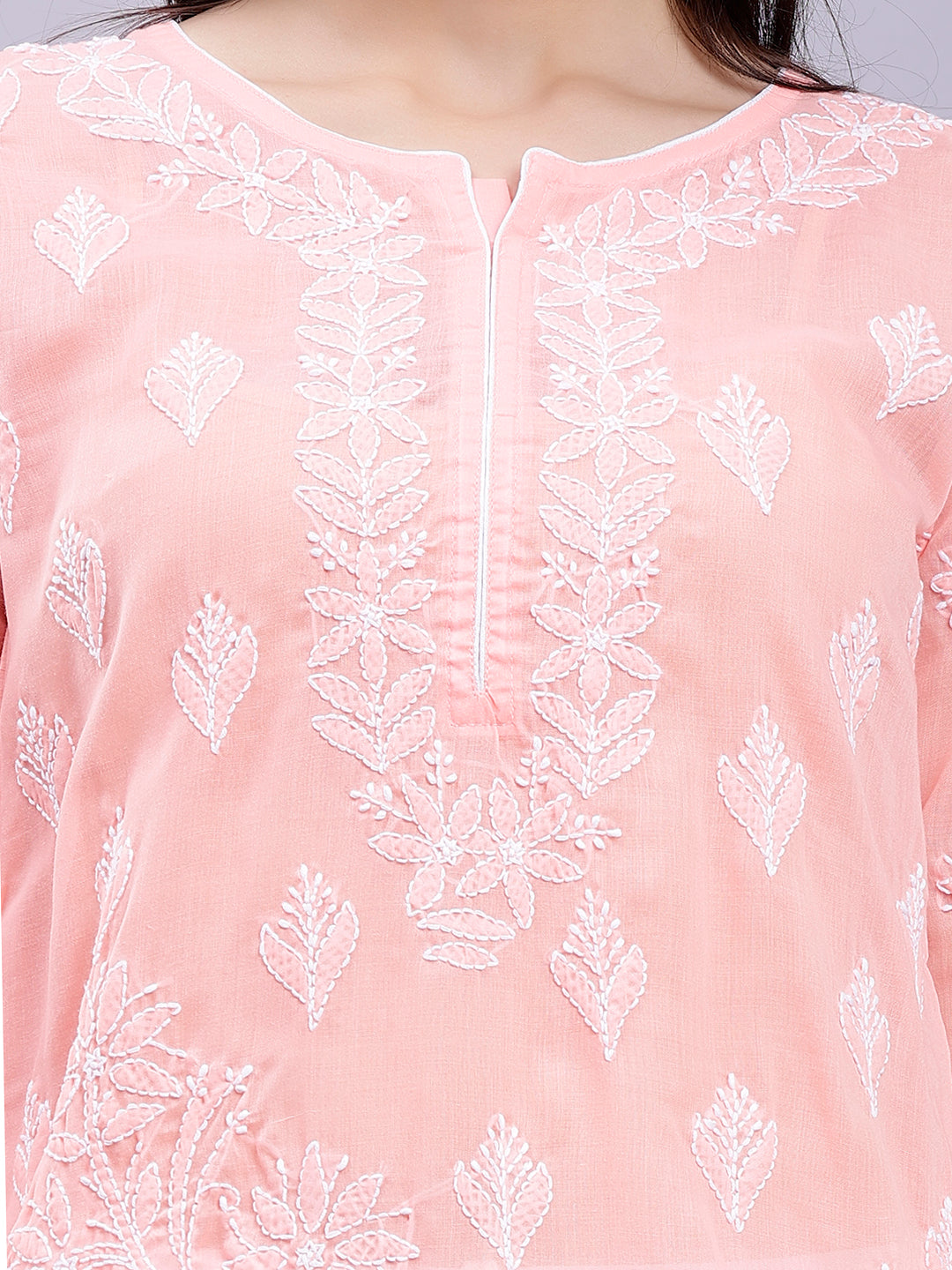 Peach Cotton Lucknowi Chikankari Embroidered Kurti