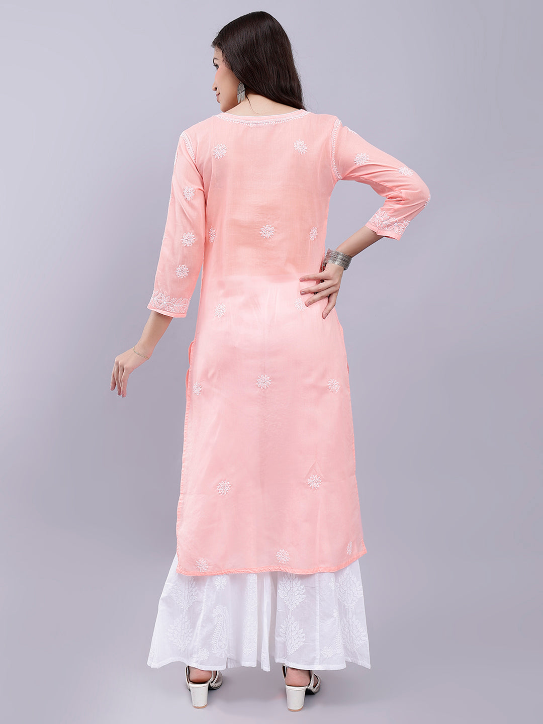 Peach Cotton Lucknowi Chikankari Embroidered Kurti