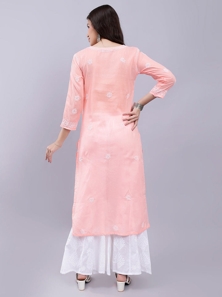 Peach Cotton Lucknowi Chikankari Embroidered Kurti