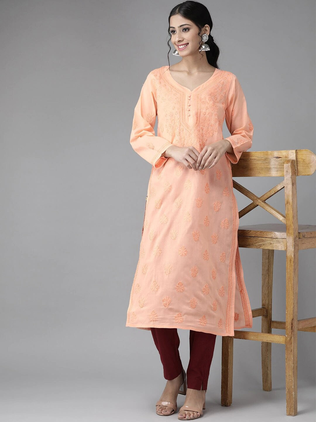 Peach Cotton Woven Chikankari Straight Kurti